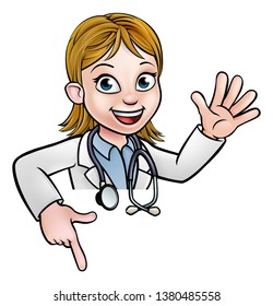 A cartoon doctor wearing lab white coat with stethoscope waving above sign and pointing at it