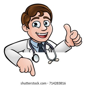 A cartoon doctor wearing lab white coat with stethoscope peeking above sign pointing and giving a thumbs up