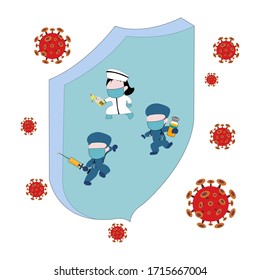 Cartoon doctor wearing a stethoscope And nurses in uniform carrying syringes and vaccines With a blue shield in the background Fight red viruses, the idea for fighting Coronavirus (COVID-19) together.
