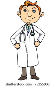 Cartoon doctor in white coat. Isolated on white