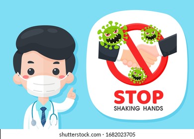 Cartoon doctor who recommends preventing the flu from the corona virus by stop shaking hand.