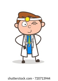Cartoon Doctor Winking Eye Expression Vector Illustration