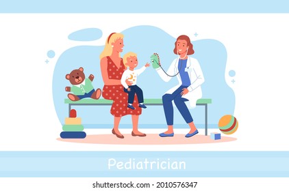 Cartoon doctor woman character and kid boy patient playing together, medic pediatrician examining child health in hospital isolated on white. Happy family on pediatrician checkup vector illustration.