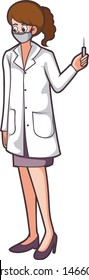 cartoon doctor women holding injection and wearing mask