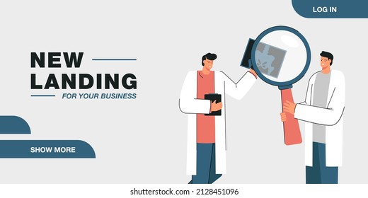 Cartoon doctors analyzing xray of pelvis with magnifier. Medical professionals making diagnosis flat vector illustration. Medicine, health concept for banner, website design or landing web page