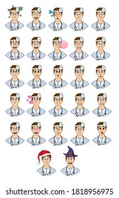 cartoon doctors with different emotions. large set of isolated emoji on a white background. vector stock illustrations