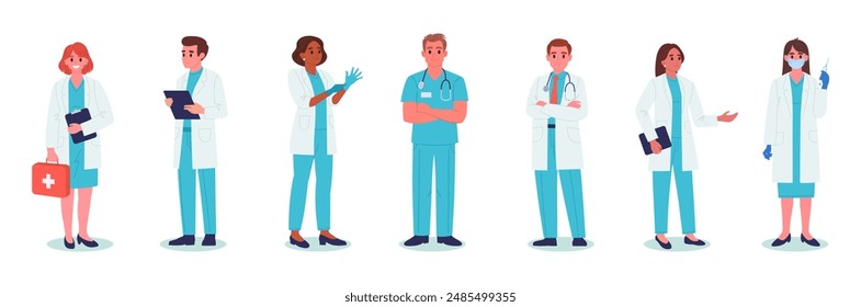 Cartoon doctors and nurses. Medical clinic workers, therapist, paramedic and nurse flat vector illustration set. Hospital professional staff