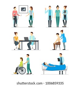 Cartoon Doctors and Patients Characters Icons Set Medicine Concept Element Flat Design Style. Vector illustration of Doctor and Patient Character Icon