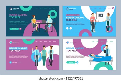 Cartoon Doctors and Patients Landing Web Page Template Set Medicine Concept Element Flat Design Style. Vector illustration of Doctor and Patient Character Icon