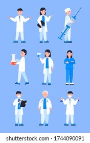 Cartoon doctors set vector for web, app. Therapist, surgeon, scientist are shown. Nurse is carrying large syringe. The doctor wears a mask and writes medical history. Medical stuff illustration.