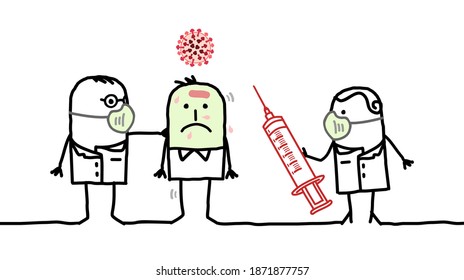 Cartoon Doctors with Syringe and Covid Vaccine,