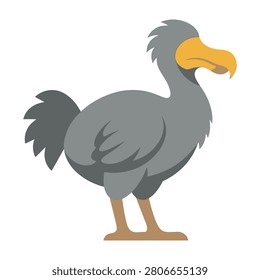 A cartoon dodo bird standing on a white background, looking to the right with a yellow beak and grey feathers, illustration of an extinct flightless bird