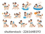 Cartoon dog. Active pet animal, cute puppy and dogs in different poses, running, jumping and sleeping character vector illustration set. Active and playful domestic pets spending leisure time