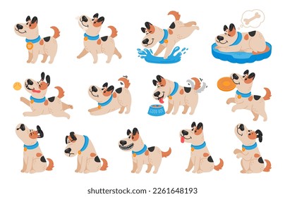Cartoon dog. Active pet animal, cute puppy and dogs in different poses, running, jumping and sleeping character vector illustration set. Active and playful domestic pets spending leisure time