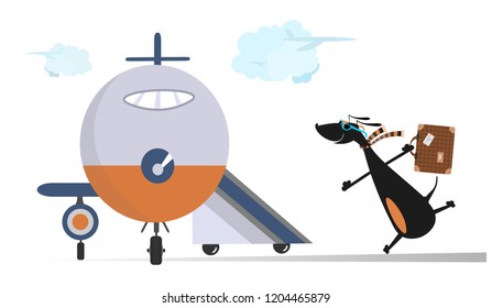 Cartoon dog in the airport illustration. Scurrying dachshund trying does not miss the flight isolated on white
