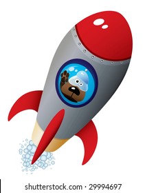 Cartoon Dog Astronaut In Old Style Spaceship