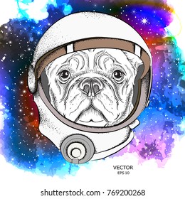 A cartoon dog in an astronaut's space suit. Character in space. Vector illustration