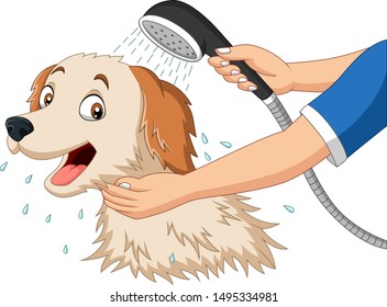 Cartoon dog bathing with shower