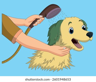 Cartoon dog bathing with shower vector illustration