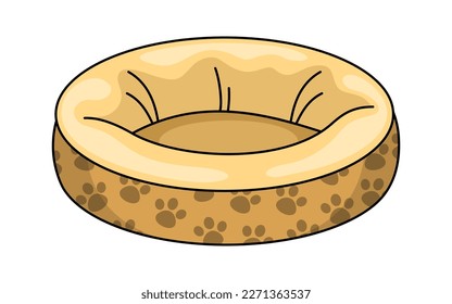 Cama de perro de dibujos animados. Colchón de perro para animales domésticos. Sofá suave para dormir. Bienes y accesorios para la tienda de mascotas. Ilustración aislada del vector colorido sobre fondo blanco.