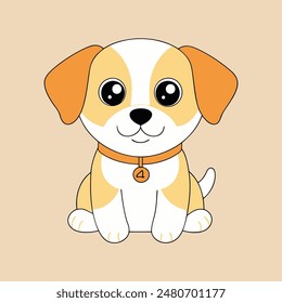 A cartoon dog with a bell around its neck is sitting on a tan background. The dog has a happy expression on its face