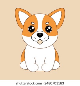 A cartoon dog with a bell around its neck is sitting on a tan background. The dog has a happy expression on its face