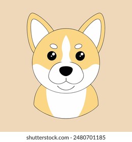 A cartoon dog with a bell around its neck is sitting on a tan background. The dog has a happy expression on its face