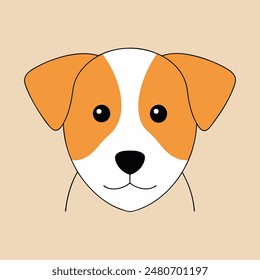 A cartoon dog with a bell around its neck is sitting on a tan background. The dog has a happy expression on its face