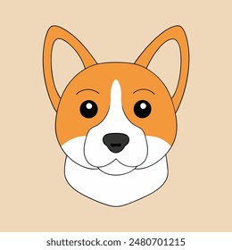 A cartoon dog with a bell around its neck is sitting on a tan background. The dog has a happy expression on its face