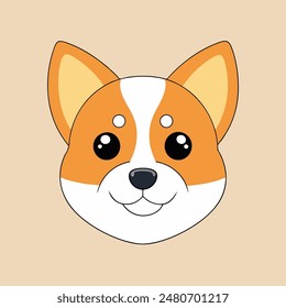 A cartoon dog with a bell around its neck is sitting on a tan background. The dog has a happy expression on its face