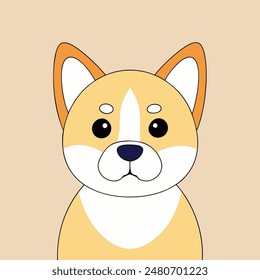 A cartoon dog with a bell around its neck is sitting on a tan background. The dog has a happy expression on its face