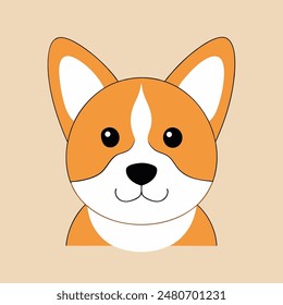 A cartoon dog with a bell around its neck is sitting on a tan background. The dog has a happy expression on its face