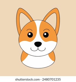 A cartoon dog with a bell around its neck is sitting on a tan background. The dog has a happy expression on its face