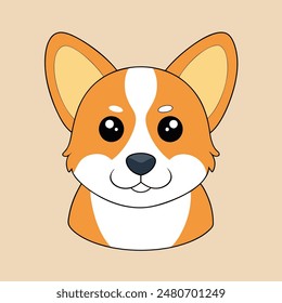 A cartoon dog with a bell around its neck is sitting on a tan background. The dog has a happy expression on its face