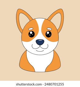 A cartoon dog with a bell around its neck is sitting on a tan background. The dog has a happy expression on its face