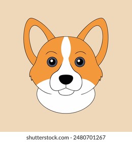 A cartoon dog with a bell around its neck is sitting on a tan background. The dog has a happy expression on its face