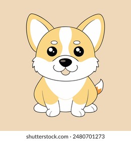 A cartoon dog with a bell around its neck is sitting on a tan background. The dog has a happy expression on its face