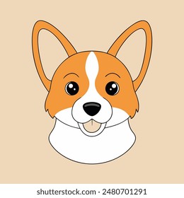 A cartoon dog with a bell around its neck is sitting on a tan background. The dog has a happy expression on its face
