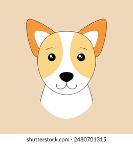 A cartoon dog with a bell around its neck is sitting on a tan background. The dog has a happy expression on its face