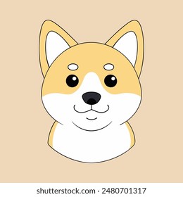 A cartoon dog with a bell around its neck is sitting on a tan background. The dog has a happy expression on its face