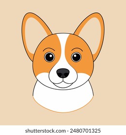 A cartoon dog with a bell around its neck is sitting on a tan background. The dog has a happy expression on its face