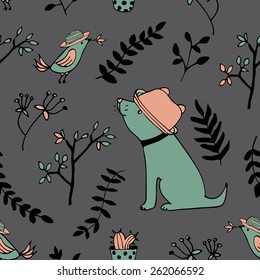 Cartoon dog bird flowers pattern in vector. Invitations, save the date cards and other design.