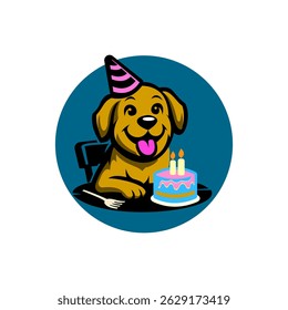 Cartoon Dog Birthday Celebration with Cake and Party Hat Illustration