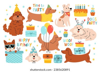 Colección de cumpleaños de perro de caricatura, ilustración de grupo de cachorros