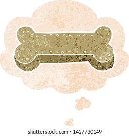 bizcocho de perro de dibujos animados con burbuja de pensamiento en un estilo retro angustiado y con textura estrafalaria