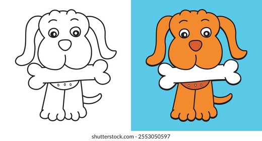 Perro de dibujos animados y mordiendo un hueso, libro para colorear para niños. Libro para colorear con lindas imágenes de libros de dibujos animados. Ilustración vectorial con fondo de color.