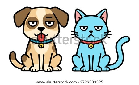 Cartoon dog and blue cat characters with funny grumpy expressions, characters