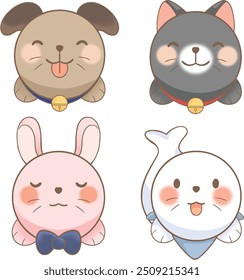 a cartoon dog with a blue collar and a gold medal and a cartoon cat with a red collar and a cartoon bunny with a bow tie on its head and a cute seal with a blue scarf and a smile