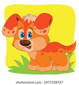 cartoon dog with blue eyes, brown and orange spots and a small tail. The dog sits on the grass on a yellow background.