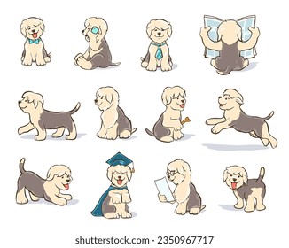 Juego de cachorros de la cola del perro de caricatura, viejo perro pastor inglés sentado, saltando, leyendo periódico, con gorra de graduación, con corbata de arco, con gafas, ilustración vectorial